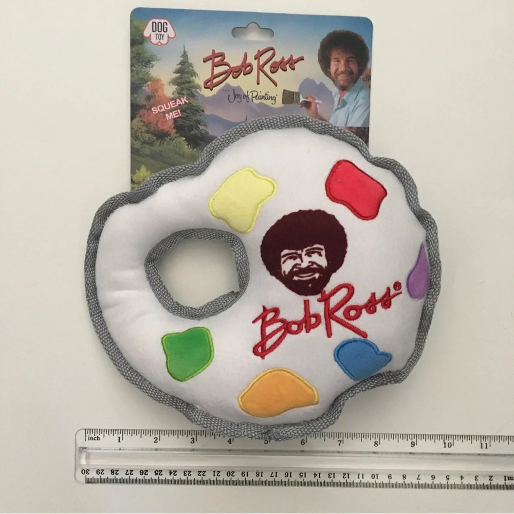 Dog Toy Bob Ross Palette Plush Squeaker White - Multicolor Paint Splotches NEW
